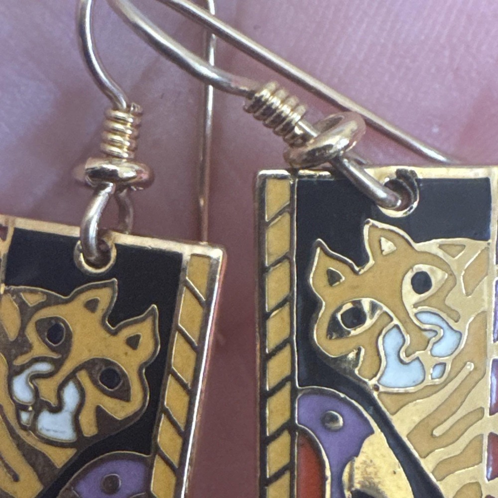 Laurel Burch 1980's"Jungle Friends"Gold Cat Bird Cloisonné Dangle Earrings Rare! - Picture 10 of 13